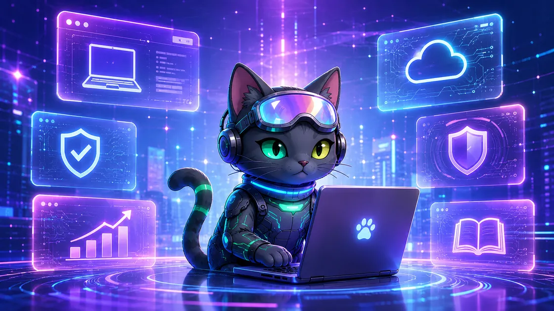 Byosoku Lab's AI partner character building at a laptop, cyberpunk style